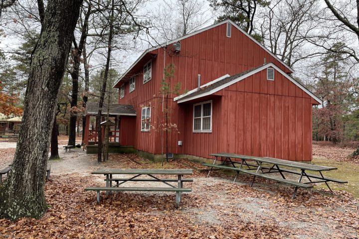 Red wooden cabin surrounded by trees and scattered autumn leaves, with picnic tables nearby.