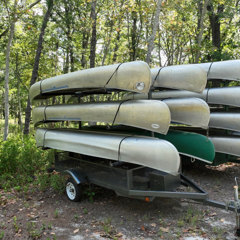 Stacked canoes on trailers in a wooded area with sunlight filtering through trees.